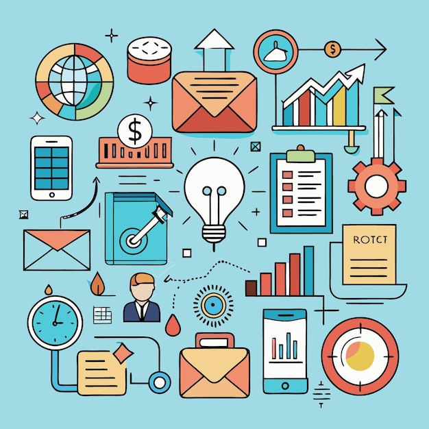 Colorful business icons for planning and success