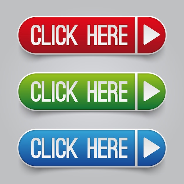Colorful click here web vector buttons set. Web button click here for website navigation illustration