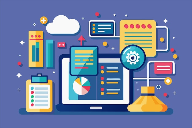 Colorful depiction of input data visualization tools arranged on a digital workspace layout Input Data input vector flat illustration