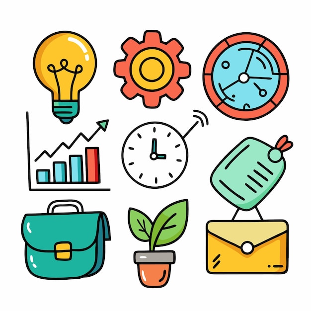 colorful doodle icons representing business finance and worklife balance including an idea light bulb graph briefcase plant gear clock envelope and a tag
