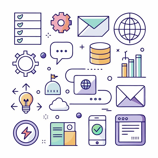 Colorful flat design icons about business technology and digital marketing