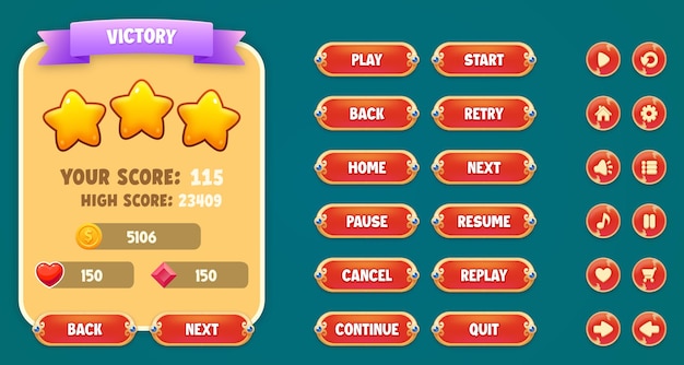 Colorful game UI kit. Set of victory menu scene pop up, icons and buttons with editable text effect