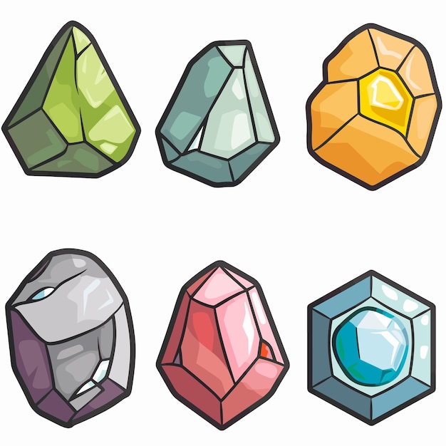 Colorful gemstones vector illustration showcasing six different crystal shapes Cartoonstyle