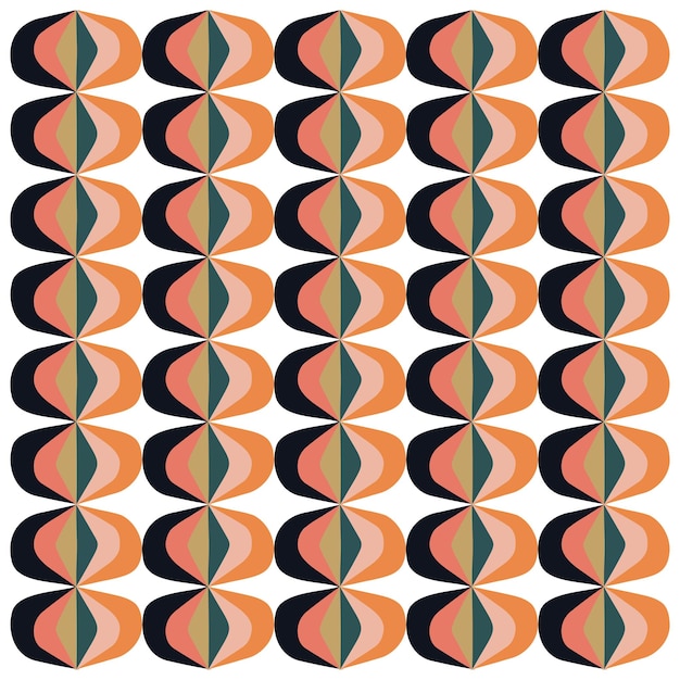 Colorful geometric pattern curved shapes in orange black pink and muted tones dotted white stars