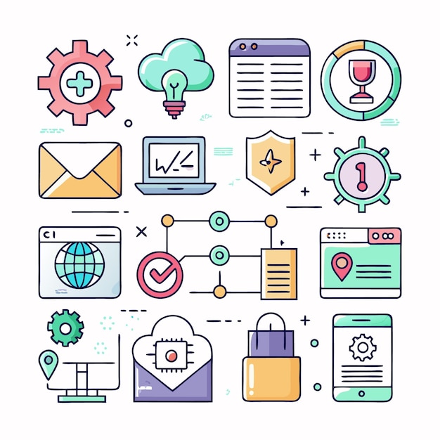 Colorful icons depicting a variety of technology and business processes