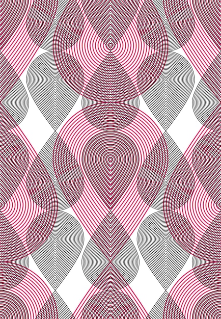 Colorful illusive abstract seamless pattern with overlapping geometric shapes. Vector symmetric lined transparent backdrop.