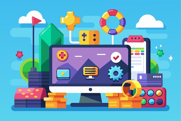 Colorful illustration showcasing tools and elements for customizable game analytics on a digital screen Game analytics Customizable Flat Illustration