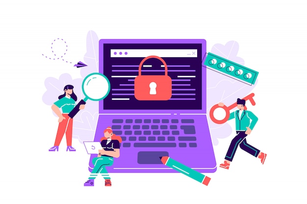 colorful illustration, the concept of protecting computer data for a web page, coding, programming, application development, expose. Flat style modern design  illustration for web page