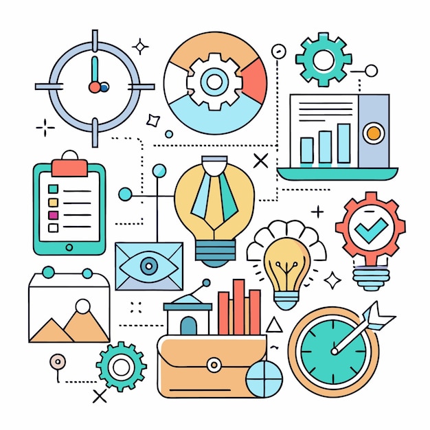 Colorful Line Art Illustration of Business Strategy with Clock Gear Lightbulb Checklist Graph and Laptop