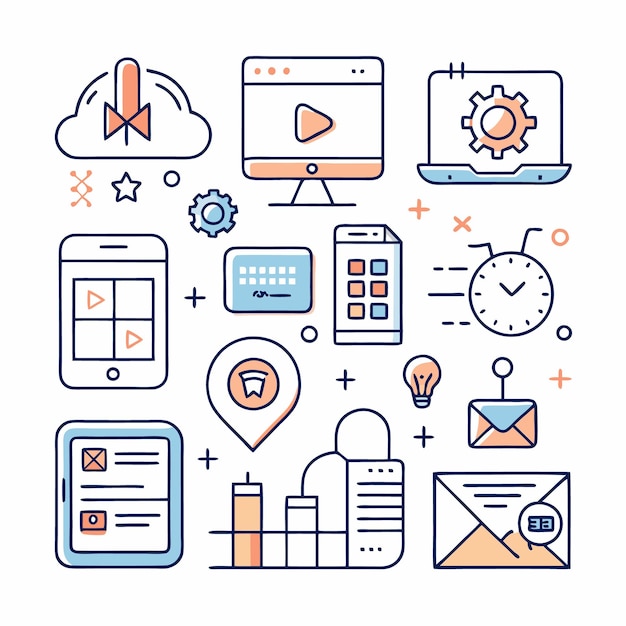 Colorful line icons representing technology web and communication
