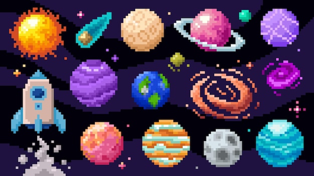 colorful pixel art space scene with planets stars and rocket 8bit vector colorful set
