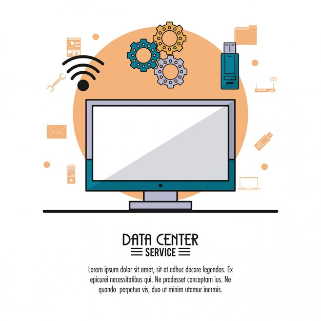 colorful poster of data center service with desktop computer