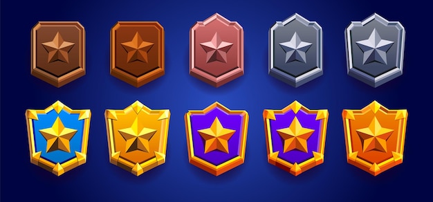 colorful realistic rank badge set realisti emblem with stars and spikes evolution bronze woody wood