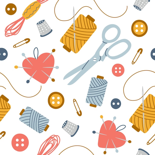 Colorful seamless pattern of sewing tools for needlework on white background