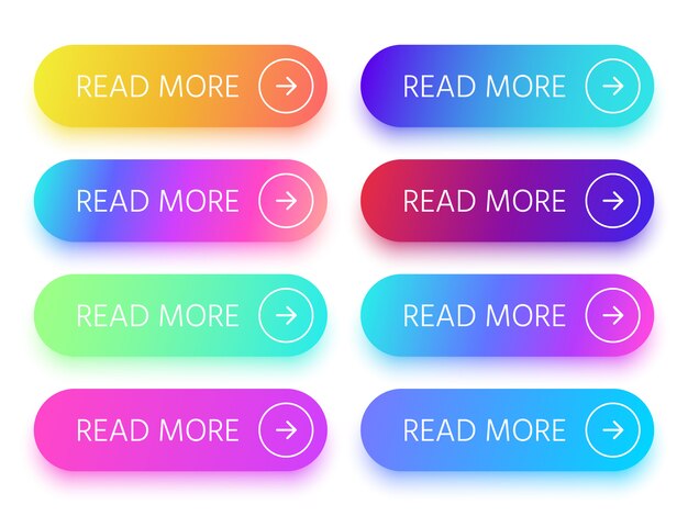 Colorful shiny website buttons with Read more sign and arrow icon. 