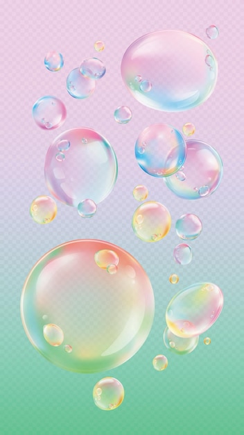Colorful soap bubbles on a gradient background Bubbles vary in size creating a playful dreamy effect Transparent bubbles float gently adding whimsy Soap bubble element vector set
