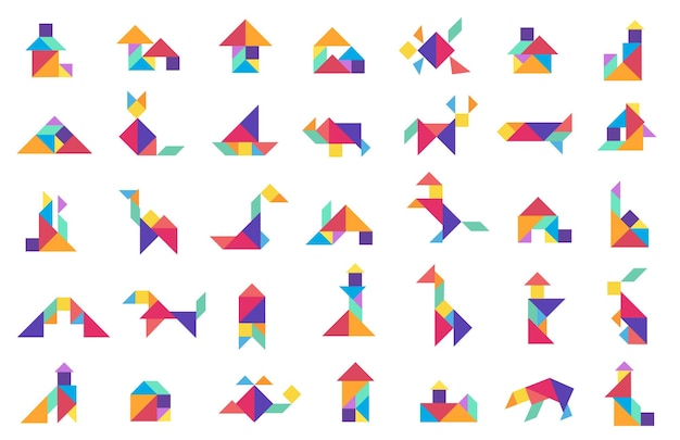 Colorful tangram puzzle shape collection of animals houses objects Educational toy concept logical brain game Preschool learning aid app icon use Flat graphic vector illustration