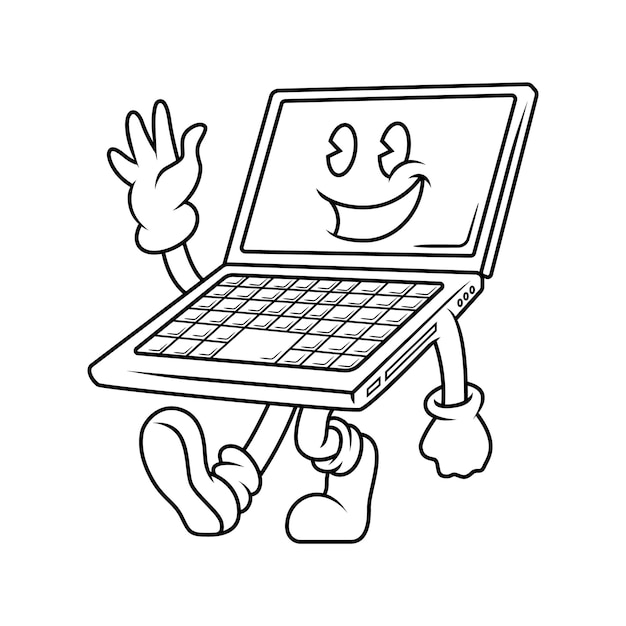 Coloring illustration of happy laptop