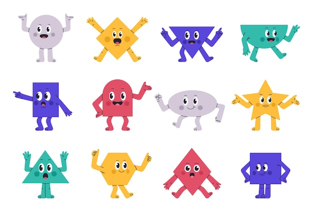 Comic geometric characters Adorable geometric figures funny circle star rectangle and rhombus with funny emotions flat vector illustration set Cute geometric shapes