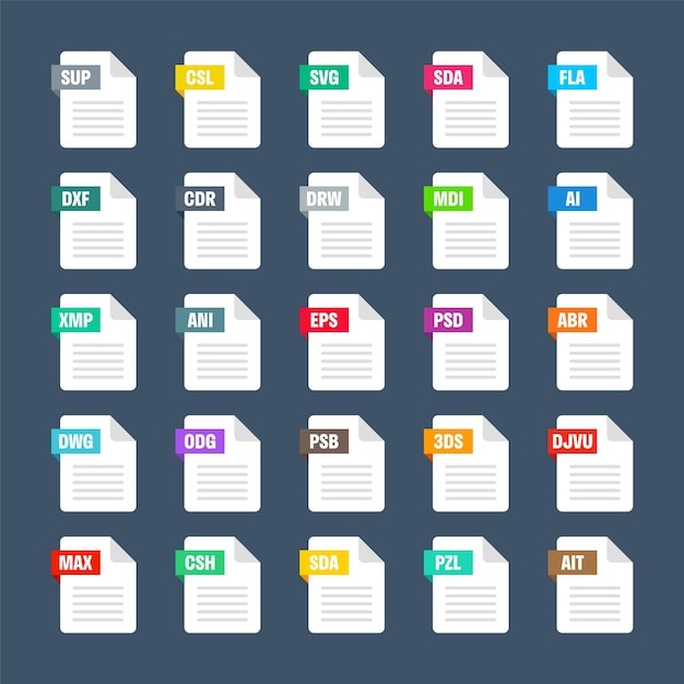 Common system file formats Document types and extensions Flat style icons collection Document pictogram web design UI element template Computer program or application icon Vector illustration