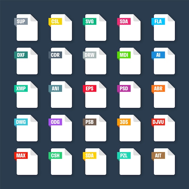 Common system file formats document types and extensions flat style icons collection document