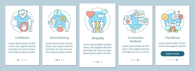Communication skills onboarding mobile app page screen vector template. Personal qualities. Listening, friendliness, empathy walkthrough website steps. UX, UI, GUI smartphone interface concept
