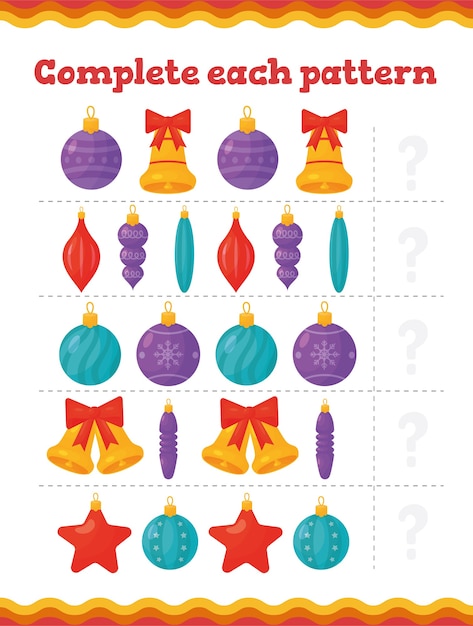 Complete each pattern  Toddler education games with christmas tree decoration. Preschool or kindergarten Christmas worksheet. 