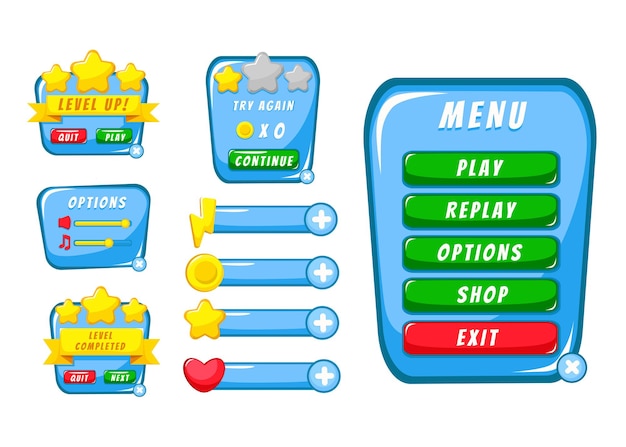 Complete set of level button game pop-up, icon, window and elements for creating medieval RPG video games