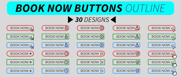 complete set of professional book now buttons with hand pointer arrow pointer and other icons relat