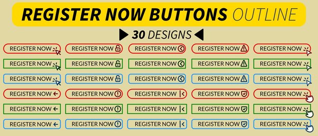 Complete set of professional register now buttons with hand pointer arrow pointer and other icons r