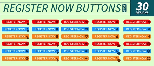 complete set of register now buttons with hand pointer arrow pointer and other related icons in bol