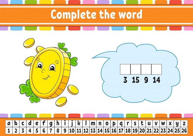 complete the words. cipher code. gold coin. learning vocabulary and numbers.