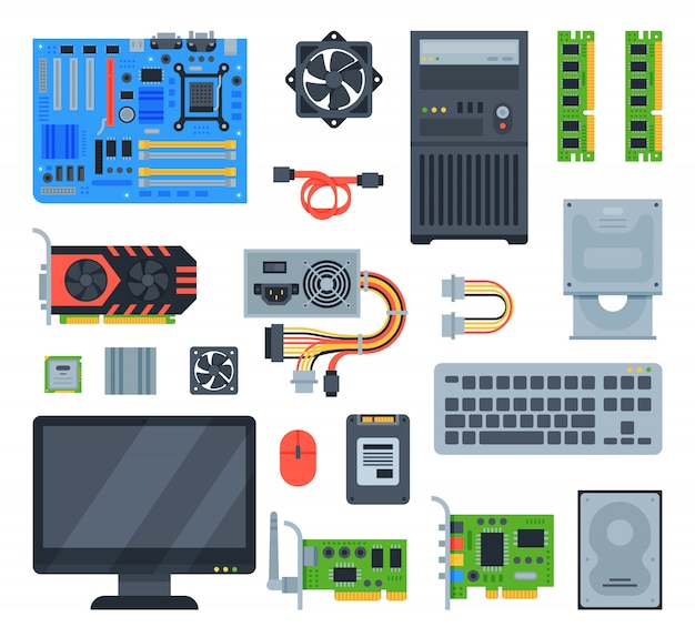 Computer accessories  pc equipment motherboard memory and keyboard illustration computing set isolated