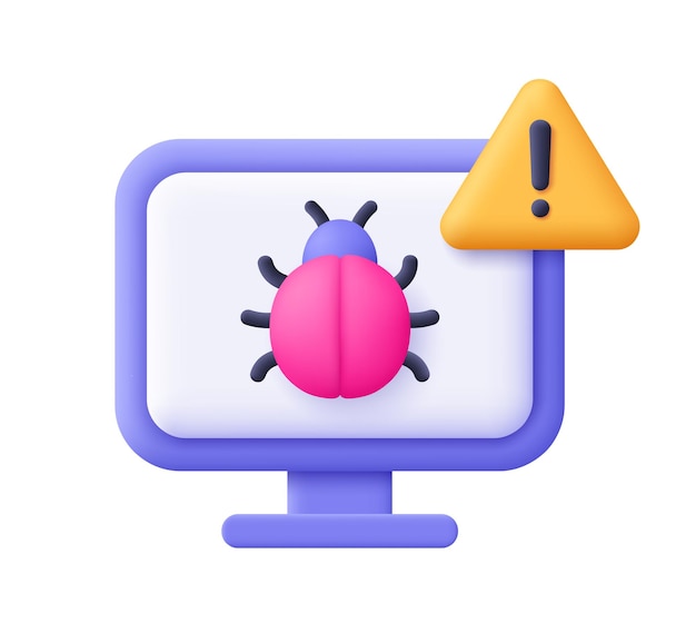 Computer bug with warning symbol triangle with exclamation point virus malware 3d vector icon