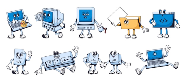 Computer code mascots Programming characters code file and terminal binary keyboard bug error laptop and pc vector illustration set