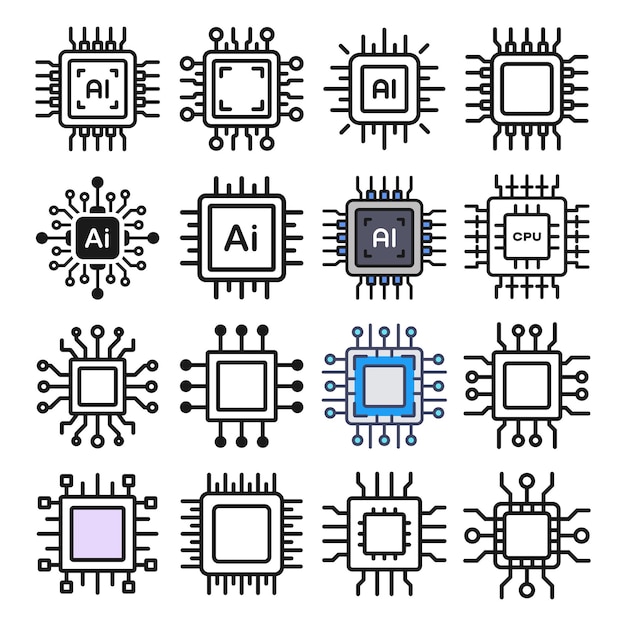 Computer cpu icon set AI cpu set Electronic cpu with AI Artificial intelligence icon Vector