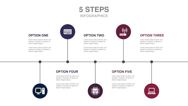 Computer CPU Laptop Keyboard router icons Infographic timeline layout design template Creative presentation concept with 5 steps