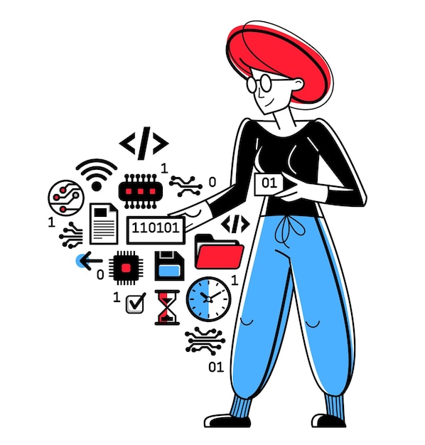 Computer engineer in work vector outline illustration programmer and system administrator doing his job with some operating system