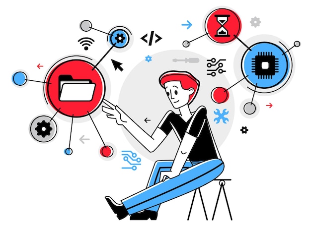 Computer engineer in work vector outline illustration programmer and system administrator doing his job with some operating system