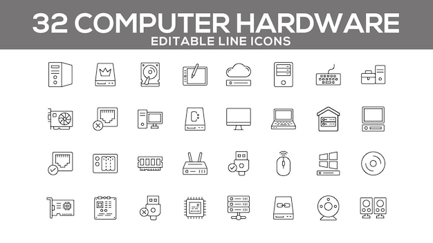 Computer Hardware Line Icons Set Editable Tech and Device Icons for Web and App Design