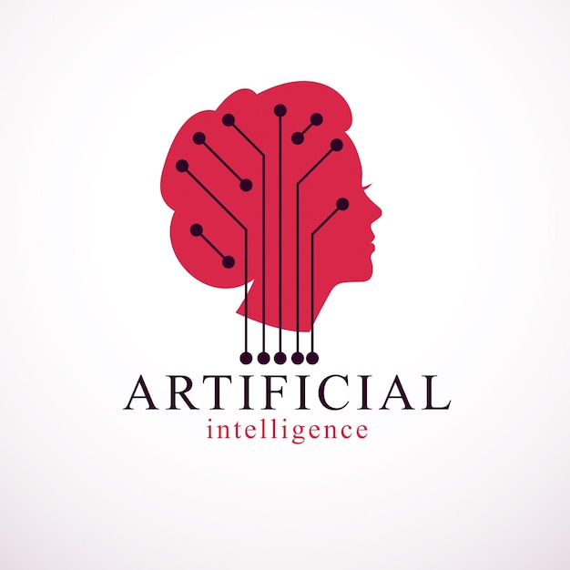 Computer human android bot, artificial intelligence concept. Human profile with electronics elements icon. Vector logo design. Smart software, idea of intelligent machines and computer programs.