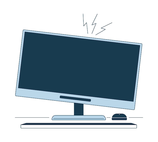 Computer monitor crackling flat line color isolated vector object Damaged desktop hardware Editable clip art image on white background Simple outline cartoon spot illustration for web design
