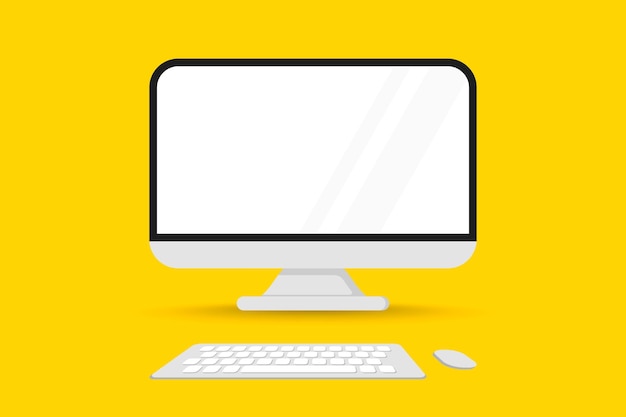 Computer monitor front view with mouse and keyboard. Screen computer monitor. Display with empty screen. Technology gadget with blank copy space. Computer screen with color background