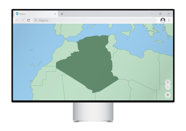 Computer monitor with map of Algeria in browser, search for the country of Algeria on the web mapping program.