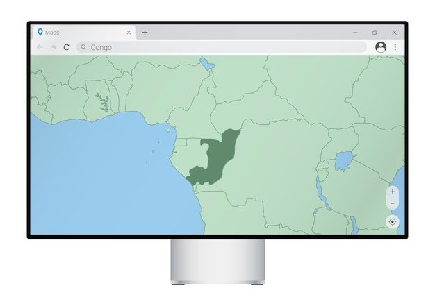 Computer monitor with map of Congo in browser, search for the country of Congo on the web mapping program.