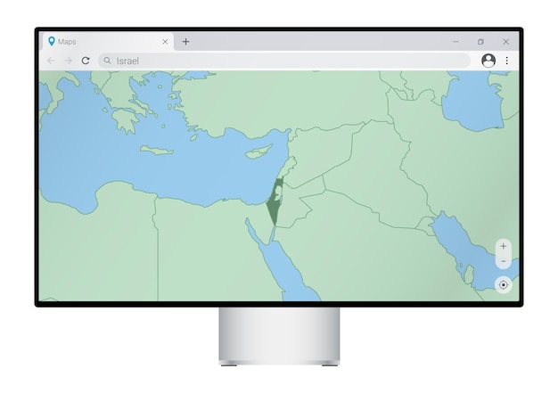 computer monitor with map of israel in browser, search for the country of israel on the web mapping program.
