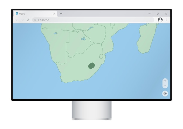 Computer monitor with map of Lesotho in browser, search for the country of Lesotho on the web mapping program.