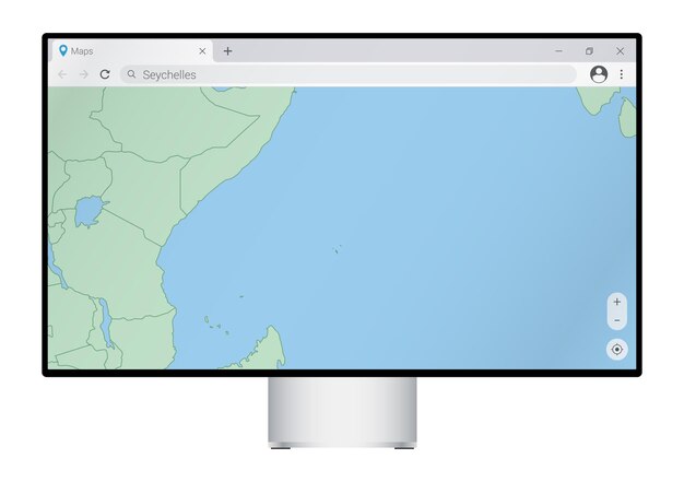 Computer monitor with map of Seychelles in browser, search for the country of Seychelles on the web mapping program.
