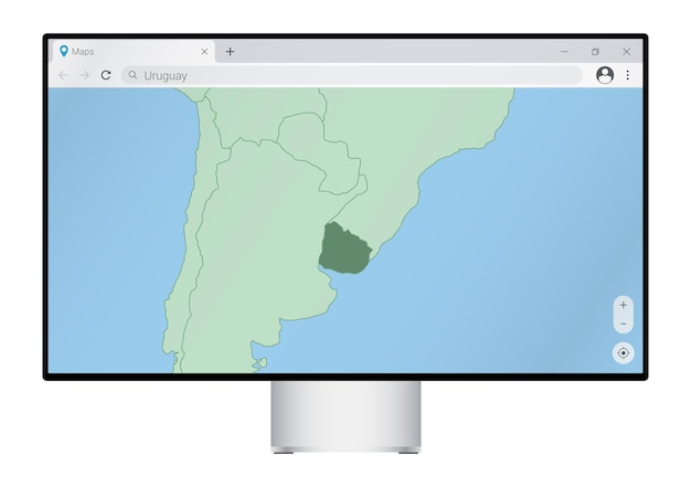 Computer monitor with map of Uruguay in browser, search for the country of Uruguay on the web mapping program.