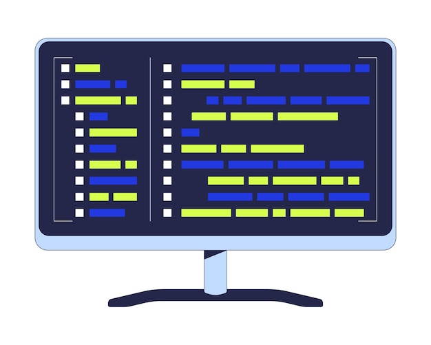 Computer monitor with programming syntax code 2D cartoon object